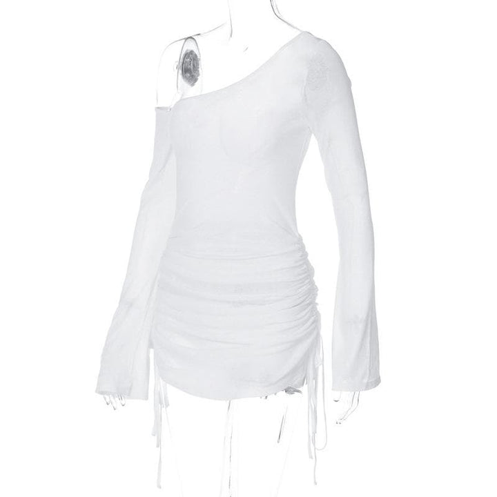 Long sleeve one shoulder drawstring ruched mini dress  | Festival Outfits Women