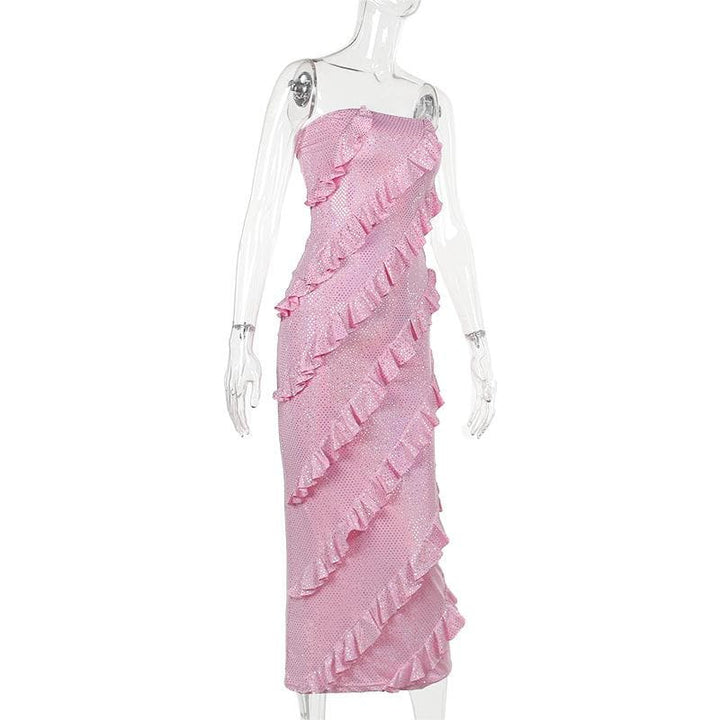 Ruffle textured ruched backless tube midi dress  | Festival Outfits Women