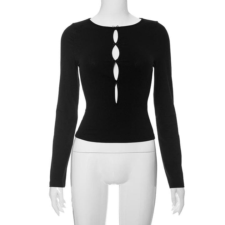 Round neck bowknot hollow out long sleeve solid cut out top
