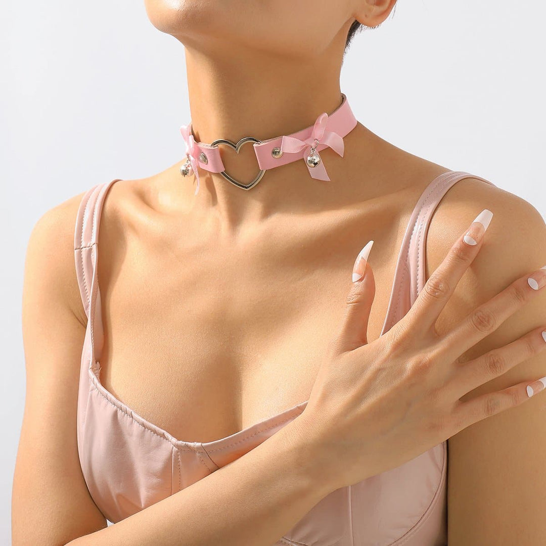 Bowknot bell heart ring button PU choker necklace