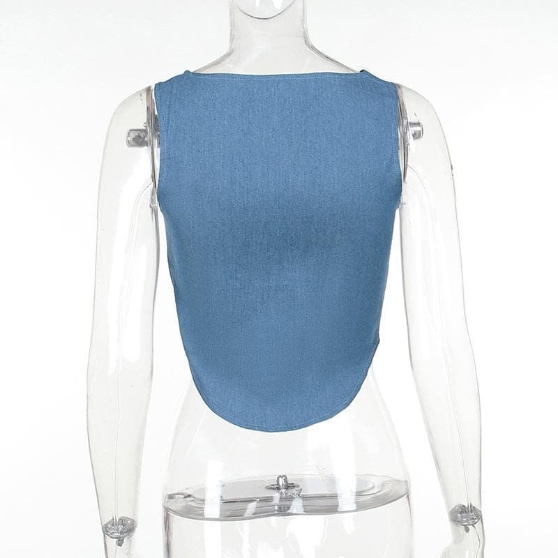 Hollow out button sleeveless corset low cut denim cut out top  | Festival Outfits Women