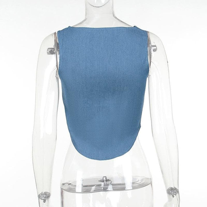 Hollow out button sleeveless corset low cut denim cut out top  | Festival Outfits Women