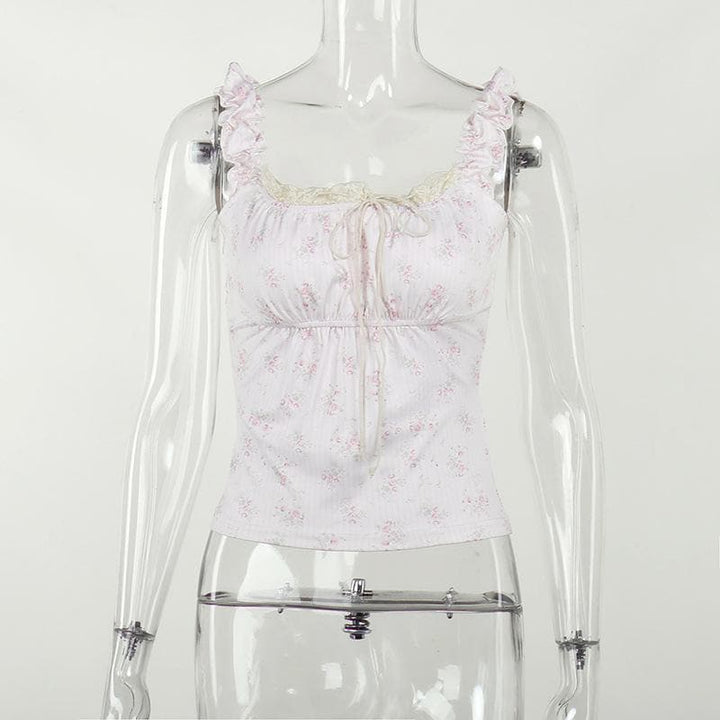 Flower print contrast sleeveless lace hem ruched top