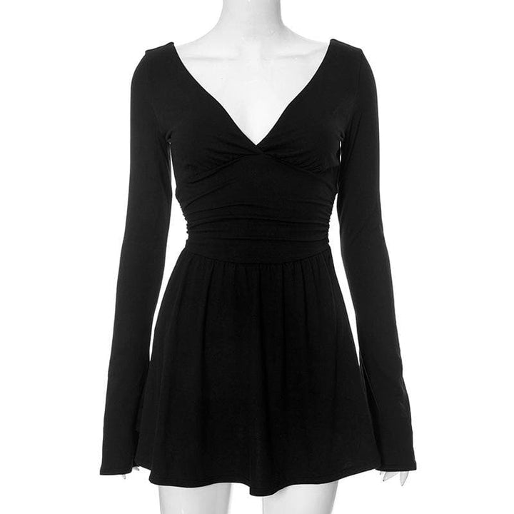 Long flared sleeve backless v neck ruched solid mini dress  | Festival Outfits Women