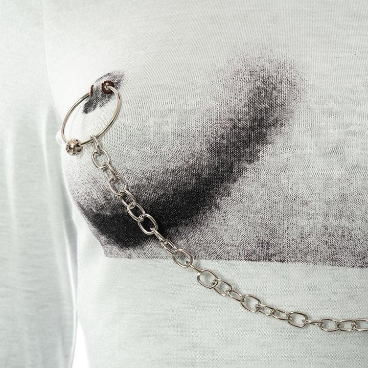 Body print metal chain contrast short sleeve crop top-final-sale