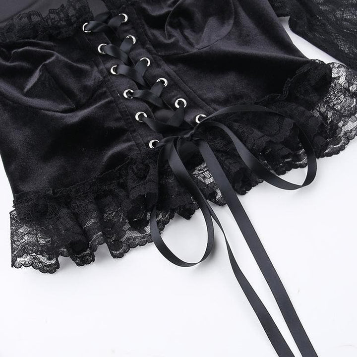 Long flared sleeve velvet lace patchwork ruffle lace up crop top  | Festival Outfits Women