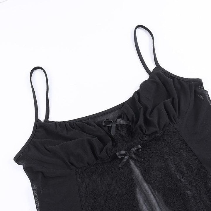 Lace patchwork ruched solid v neck slit cami crop top-final-sale
