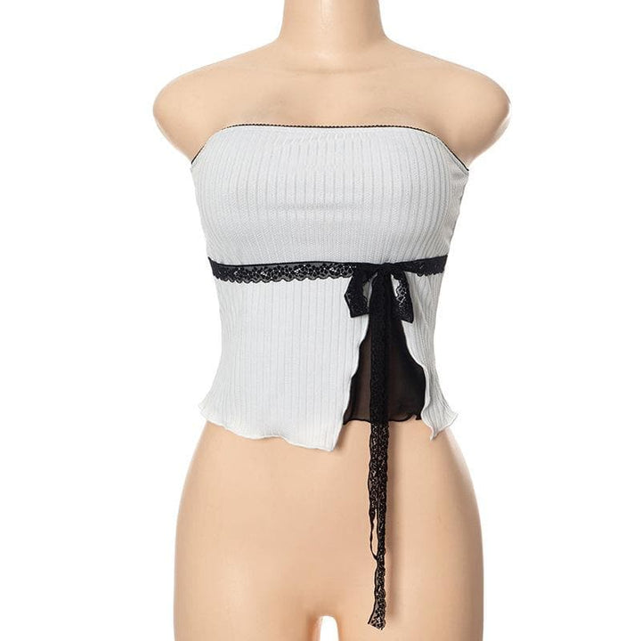 Bowknot lace hem ribbed patchwork slit backless ruffle tube top  | Festival Outfits Women