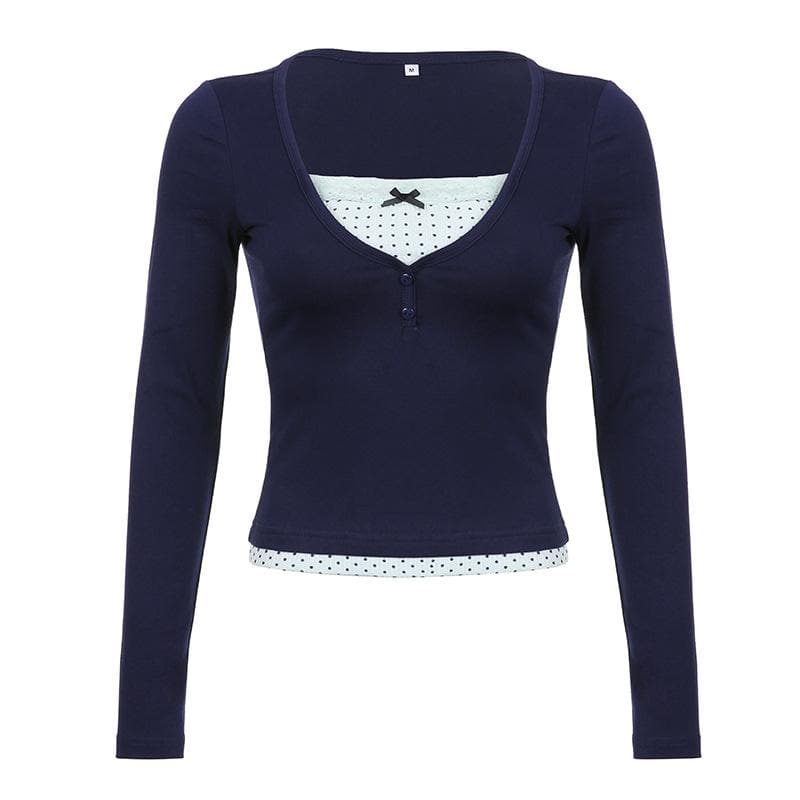 Polka dot patchwork long sleeve lace hem button top  | Festival Outfits Women
