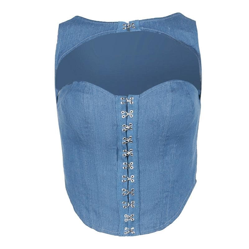 Hollow out button sleeveless corset low cut denim cut out top  | Festival Outfits Women