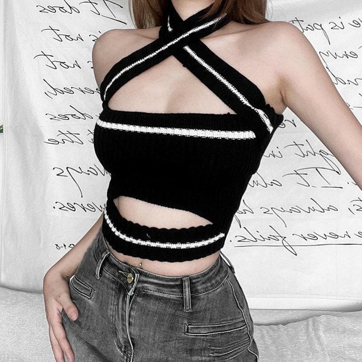 Knitted cross front halter contrast backless hollow out crop cut out top