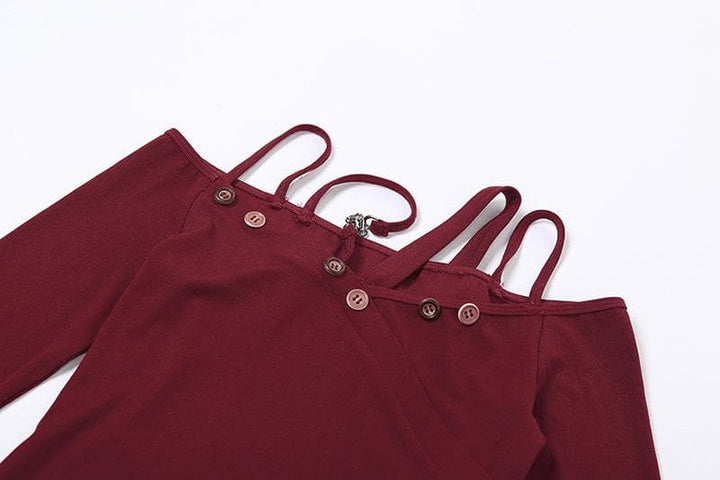Metal chain button ruffle contrast off shoulder long sleeve mini dress  | Festival Outfits Women