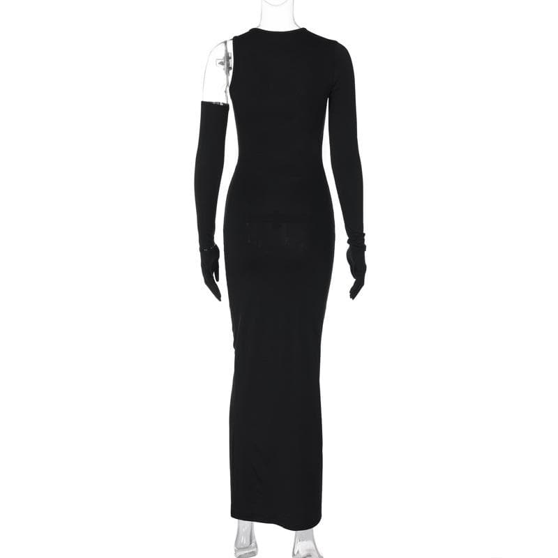 Long sleeve gloves irregular hollow out crewneck cut out maxi dress  | Festival Outfits Women