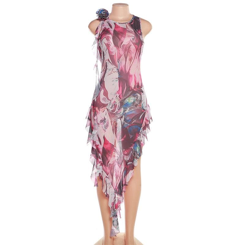 Sheer mesh see through abstract print contrast ruffle sleeveless maxi dress-final-sale