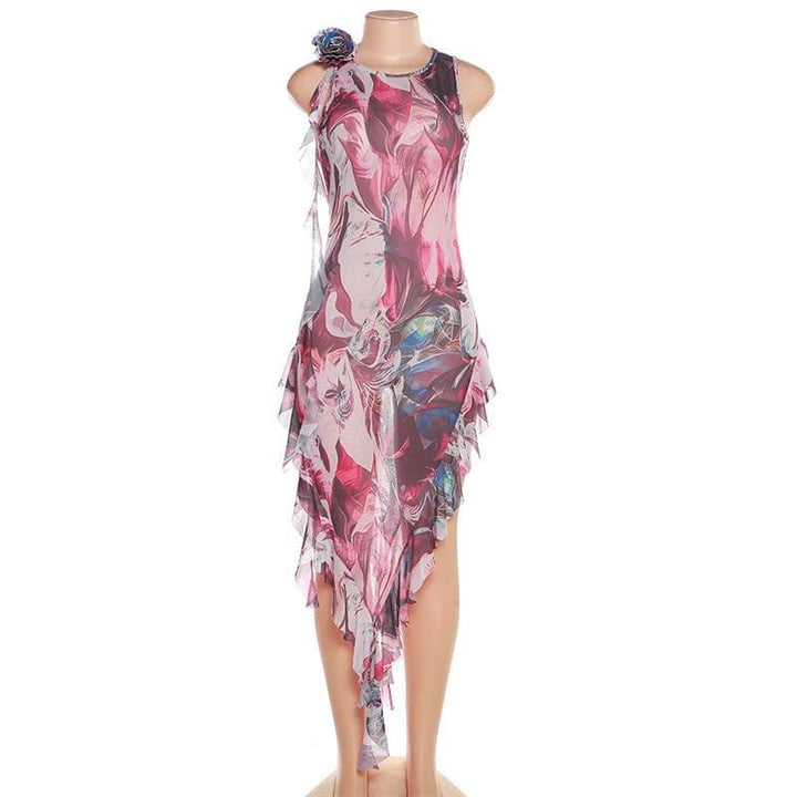 Sheer mesh see through abstract print contrast ruffle sleeveless maxi dress-final-sale