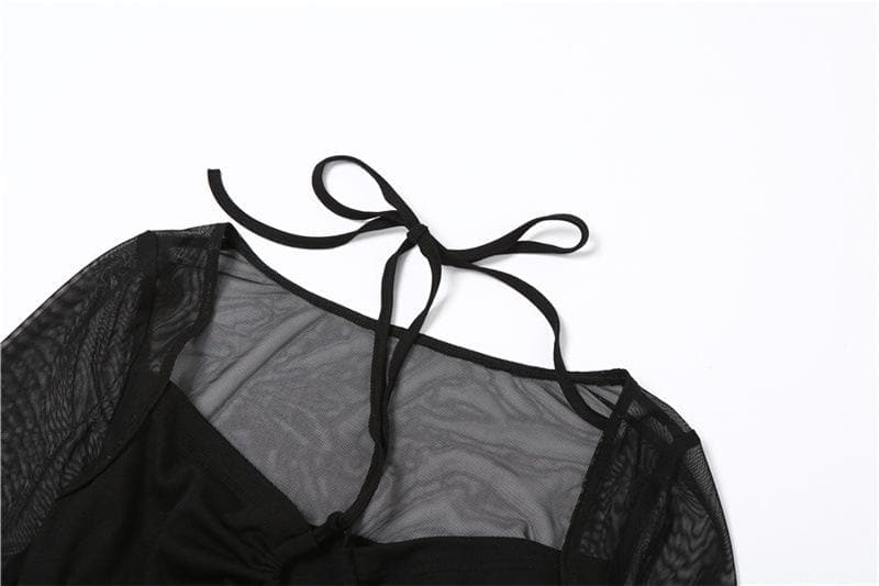 Mesh hollow out slit drawstring long sleeve halter self tie crop cut out top-final-sale
