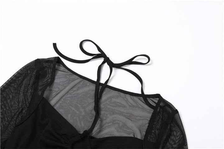 Mesh hollow out slit drawstring long sleeve halter self tie crop cut out top-final-sale