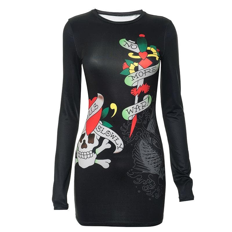 Abstract contrast long sleeve crewneck mini dress  | Festival Outfits Women