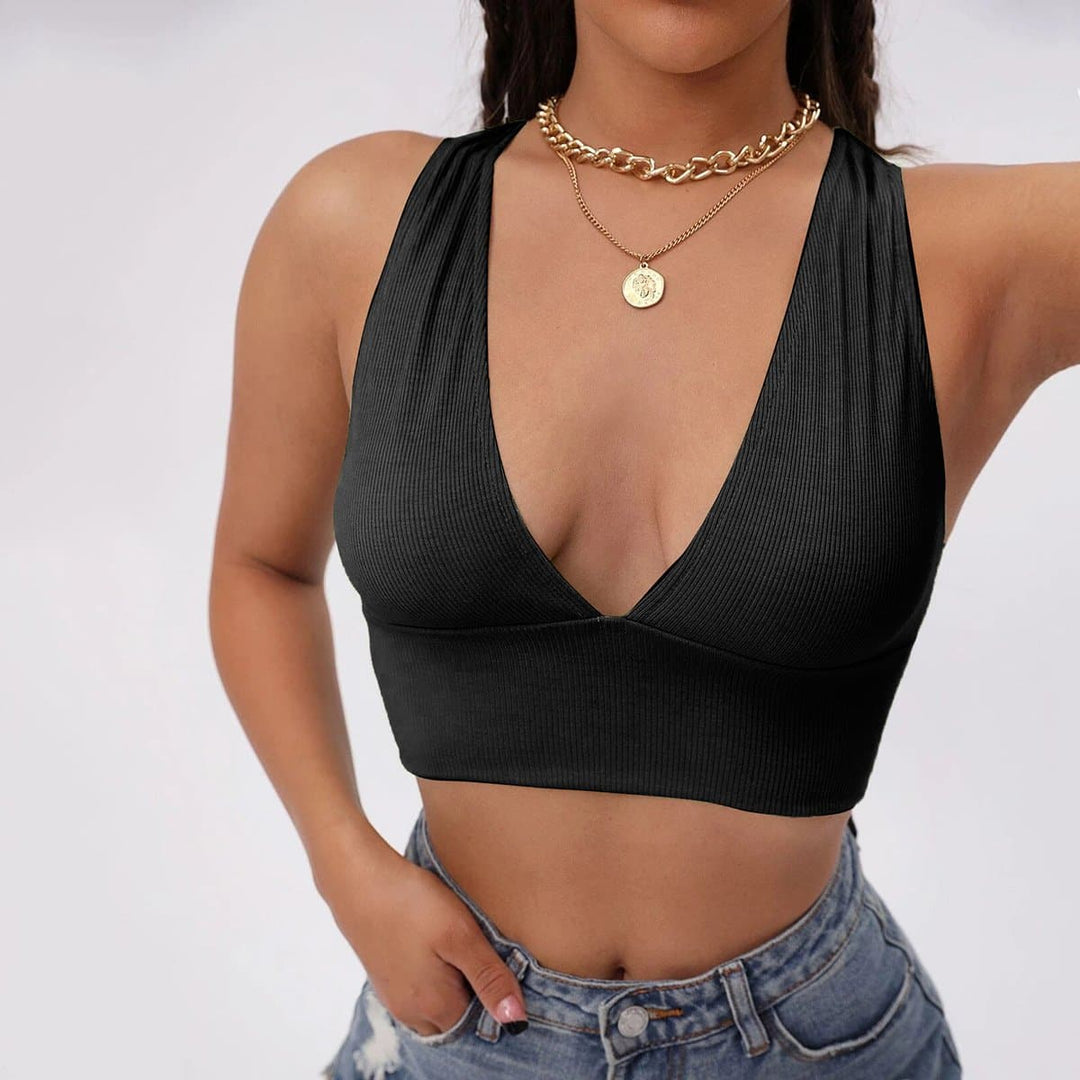 Cross back v neck solid ribbed crop top