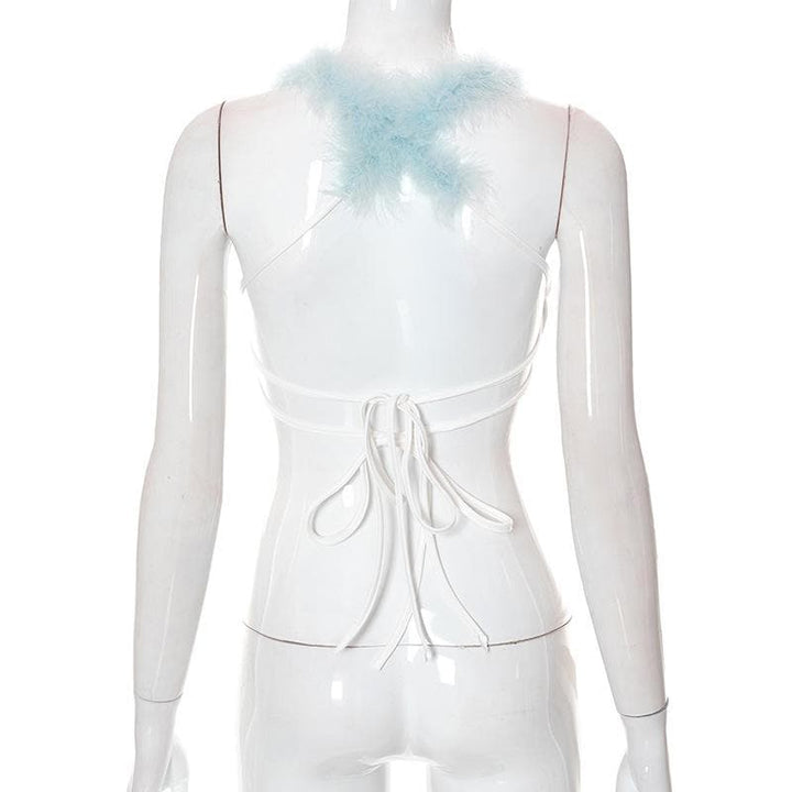 Cat print self tie open back feather halter crop top