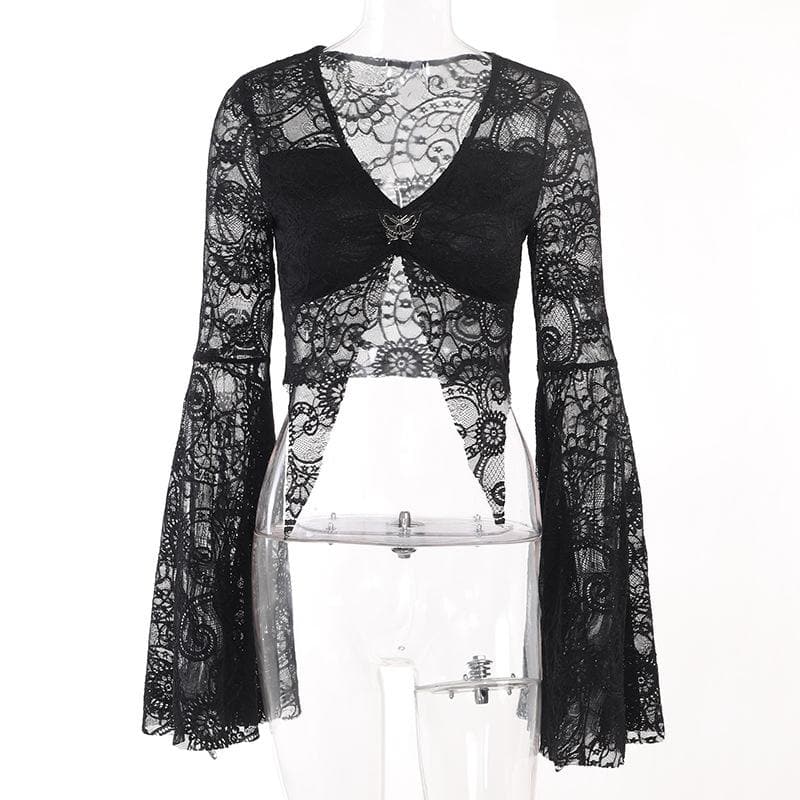 Flared sleeve lace slit v neck solid crop top-final-sale