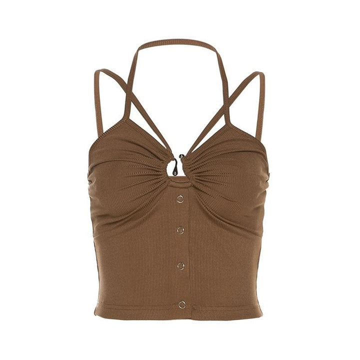 Cross front backless button ruched solid ribbed crop top