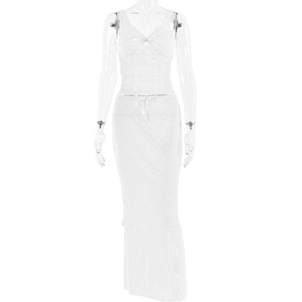 Lace v neck sleeveless hollow out solid patchwork maxi skirt set - Final Sale