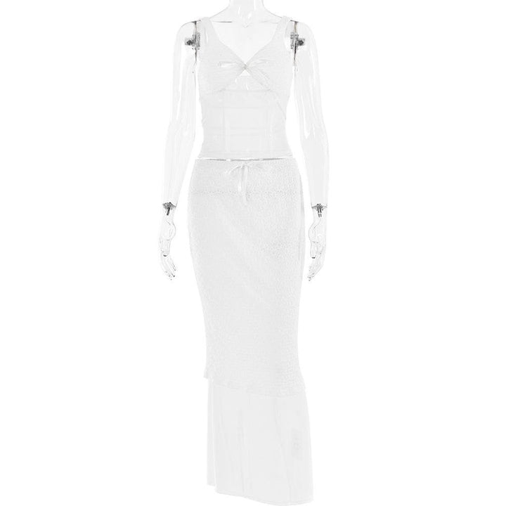 Lace v neck sleeveless hollow out solid patchwork maxi skirt set - Final Sale