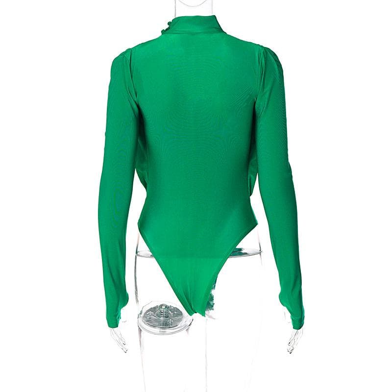 V neck solid ruched gloves high neck long sleeve bodysuit