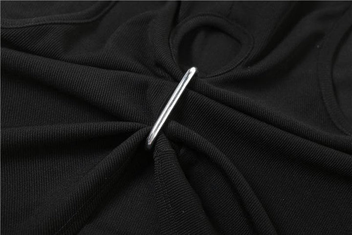 Hollow out sleeveless crewneck ruched solid crop cut out top