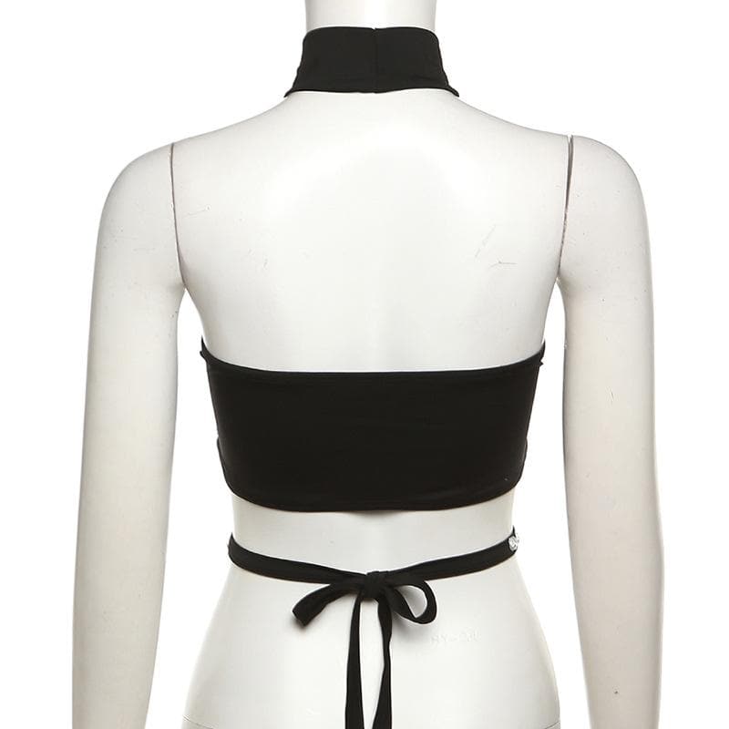 Beaded contrast halter hollow out backless crop cut out top