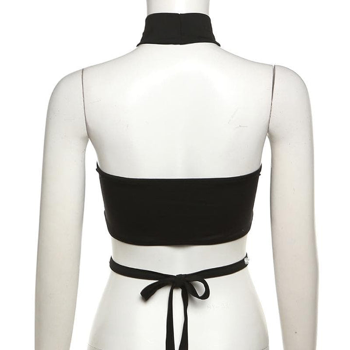 Beaded contrast halter hollow out backless crop cut out top