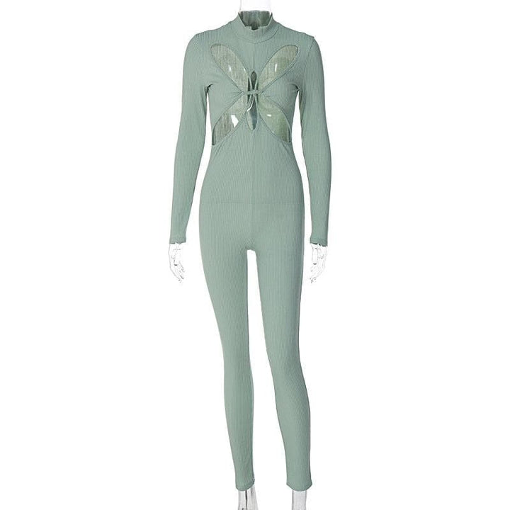 Hollow out long sleeve solid zip-up high neck jumpsuit - Final Sale