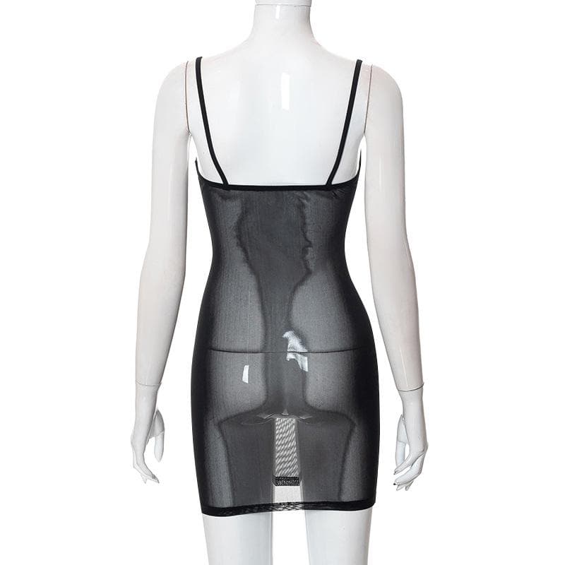 Sheer mesh see through solid low cut cami mini dress-final-sale