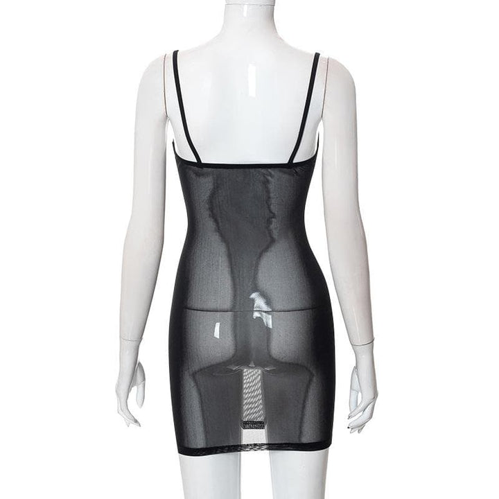Sheer mesh see through solid low cut cami mini dress-final-sale