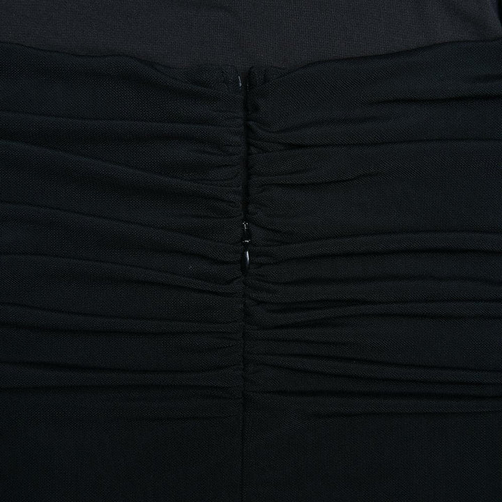 Mesh ruched zip-up long sleeve backless ruffle midi dress