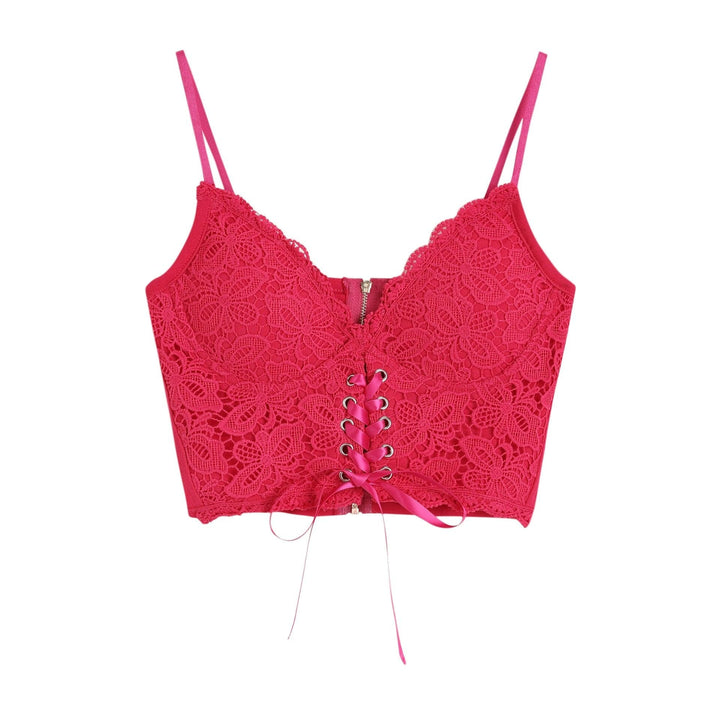 V neck heart neck solid lace up zip-up lace hem cami top