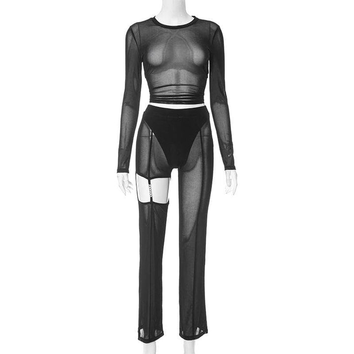 Mesh see through hollow out long sleeve solid pant set-final-sale