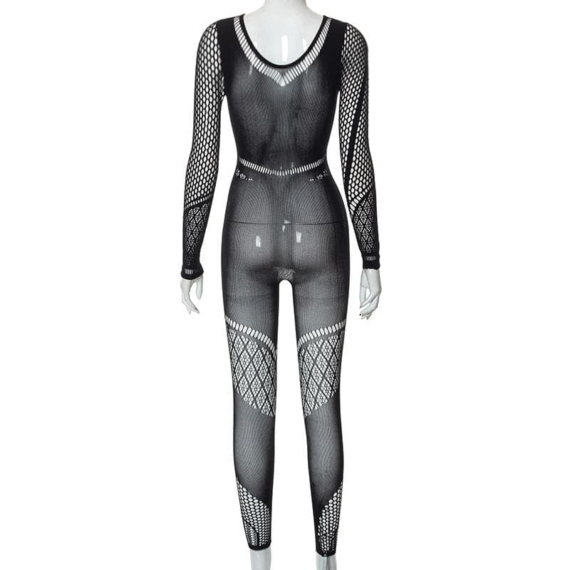 Hollow out solid fishnet long sleeve jumpsuit  | Festival Outfits Women