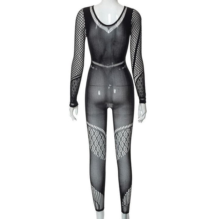 Hollow out solid fishnet long sleeve jumpsuit  | Festival Outfits Women