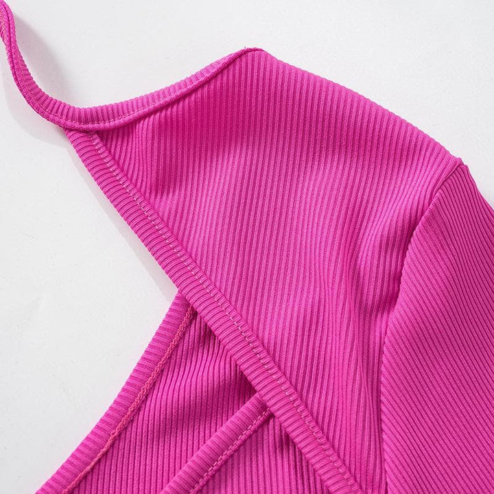 Ribbed cross front solid long sleeve gloves hollow out crop top-final-sale