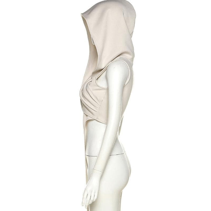 Sleeveless solid irregular ribbon hoodie ruched crop top