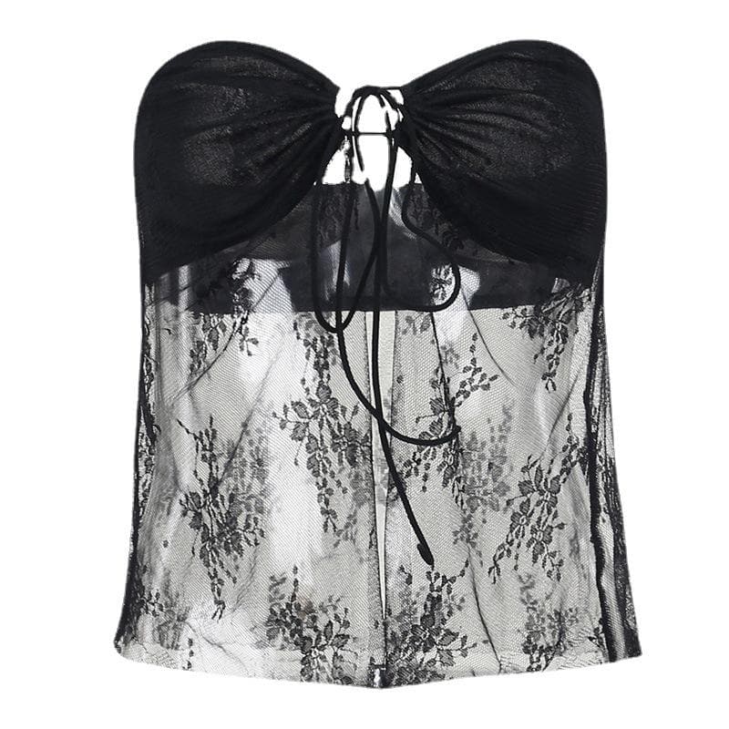Sweetheart neck solid lace hem backless lace up tube top-final-sale