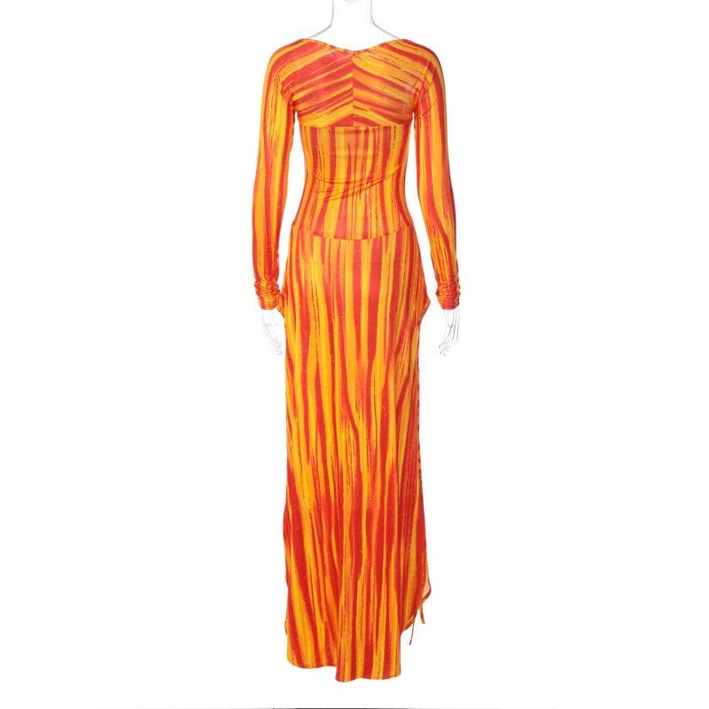 Striped contrast square neck long sleeve slit maxi dress  | Festival Outfits Women