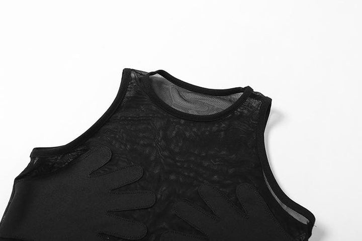 Sheer mesh see through palm embroidered crewneck crop top