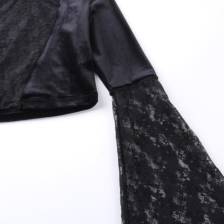 Velvet patchwork lace high neck flared sleeve crop top