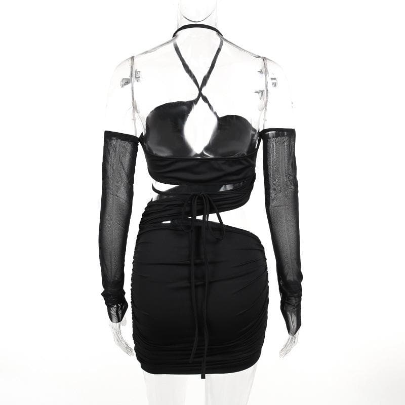 Ruched cross front hollow out halter off shoulder long sleeve backless cut out mini dress  | Festival Outfits Women