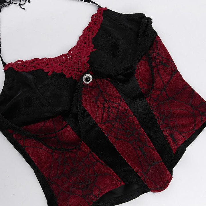 Contrast lace hem halter backless velvet corset top | victorian gothic dresses  | Festival Outfits Women