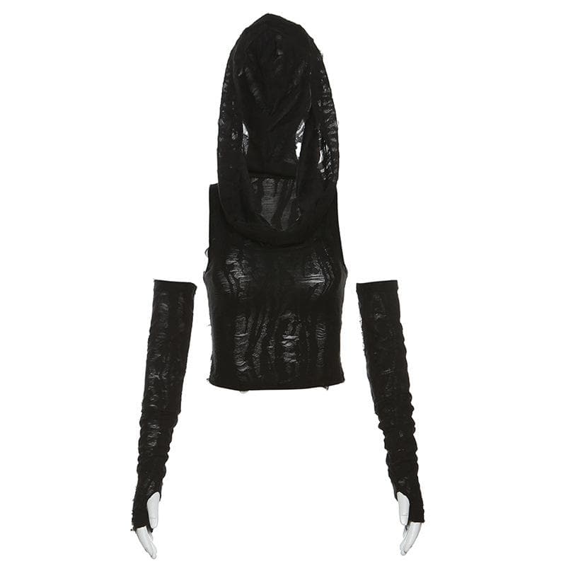 Textured off shoulder hoodie gloves cowl neck crop top