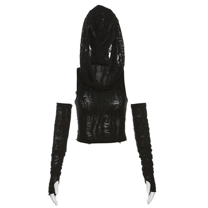 Textured off shoulder hoodie gloves cowl neck crop top
